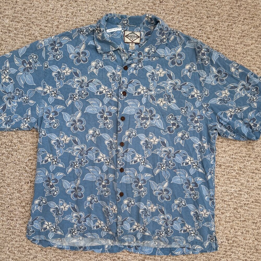 Three Palm Men's Hawaiian Shirt XL Blue Floral Silk Boho‎ Aloha Tiki Cali